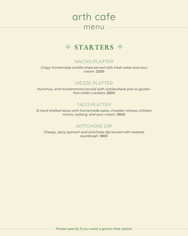 Arth Cafe Menu