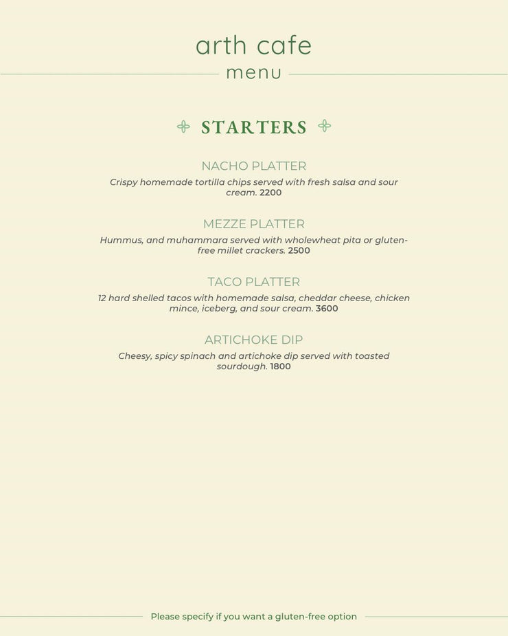 Arth Cafe Menu