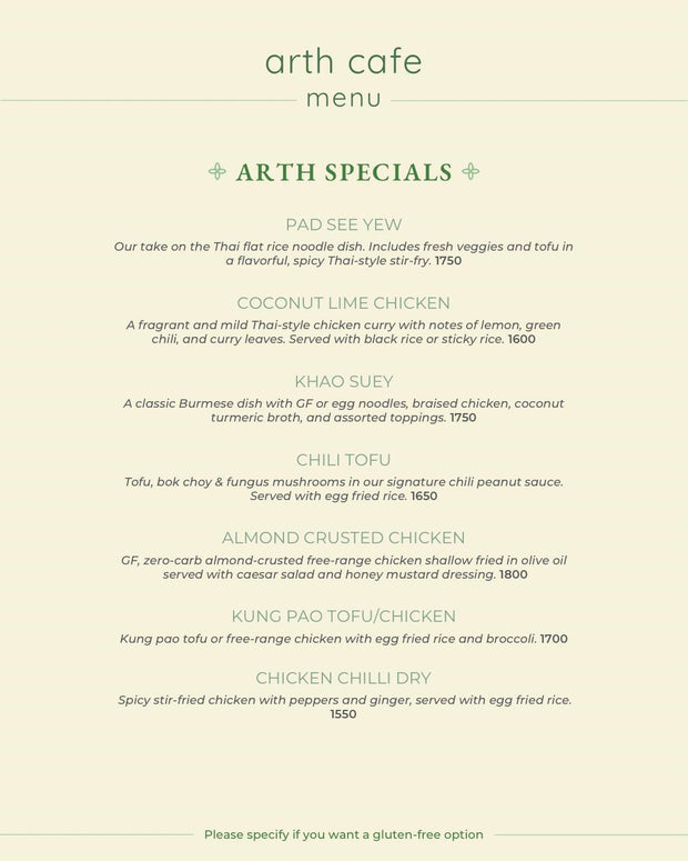 Arth Cafe Menu
