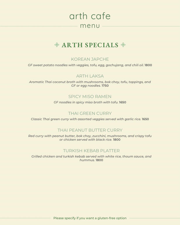 Arth Cafe Menu