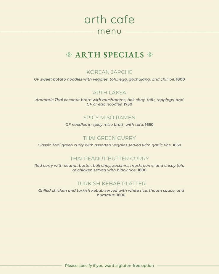 Arth Cafe Menu