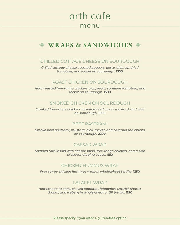 Arth Cafe Menu