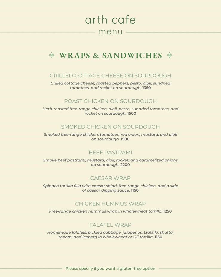 Arth Cafe Menu