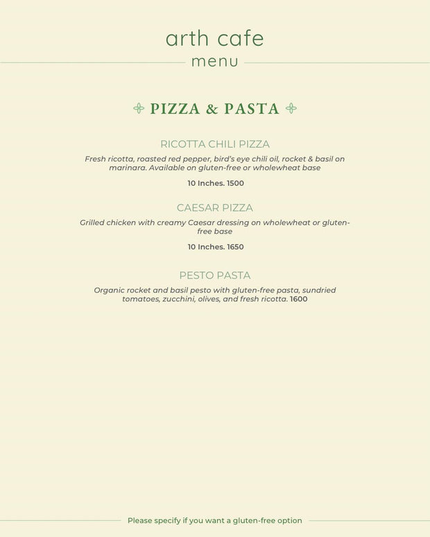 Arth Cafe Menu